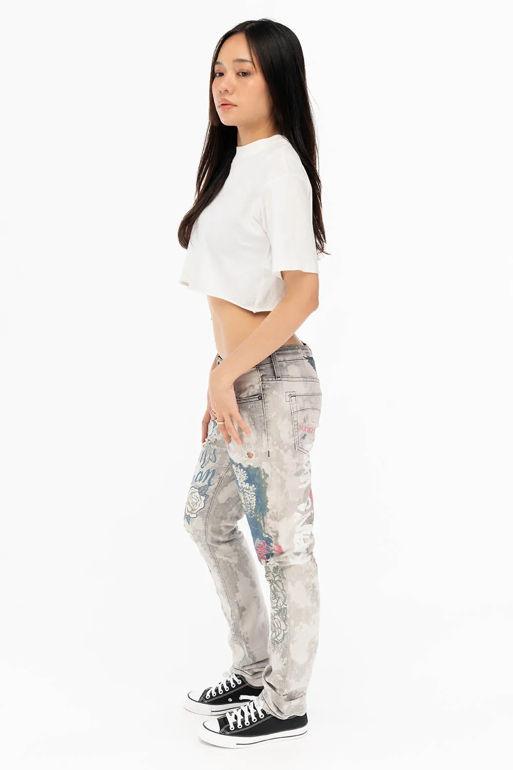 BOYFRIEND STYLE WOMENS JEANS IN MARCEL BLACK WASH WITH GEISHA PRINT sold by Robin's Jean product image thumbnail 5