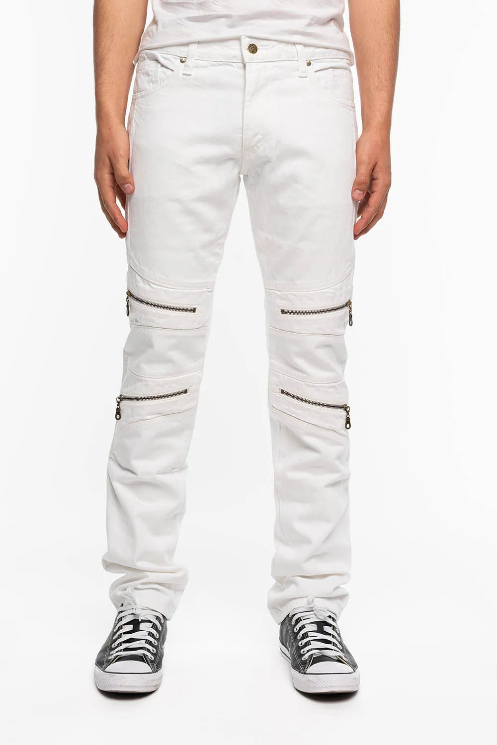 MINI FLAP MENS BIKER JEANS IN WHITE sold by Robin's Jean