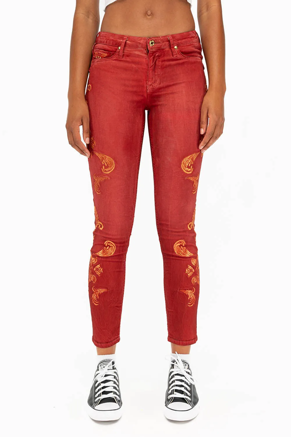 MID RISE WOMENS JEANS WITH GOLD EMBROIDERY IN RED sold by Robin's Jean