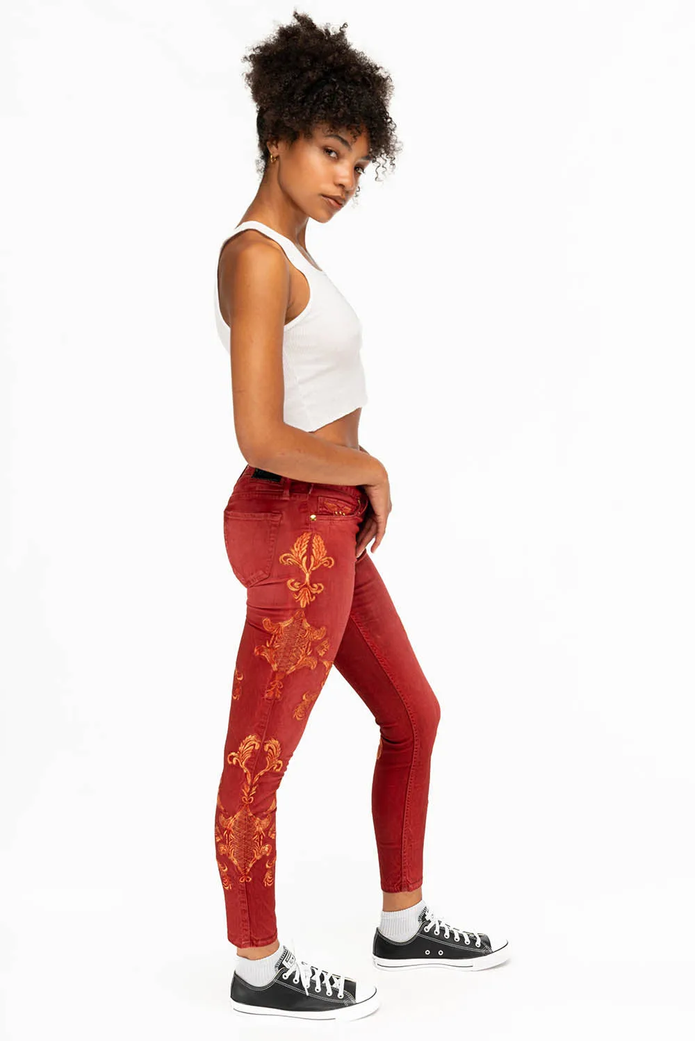 MID RISE WOMENS JEANS WITH GOLD EMBROIDERY IN RED sold by Robin's Jean product image thumbnail 5