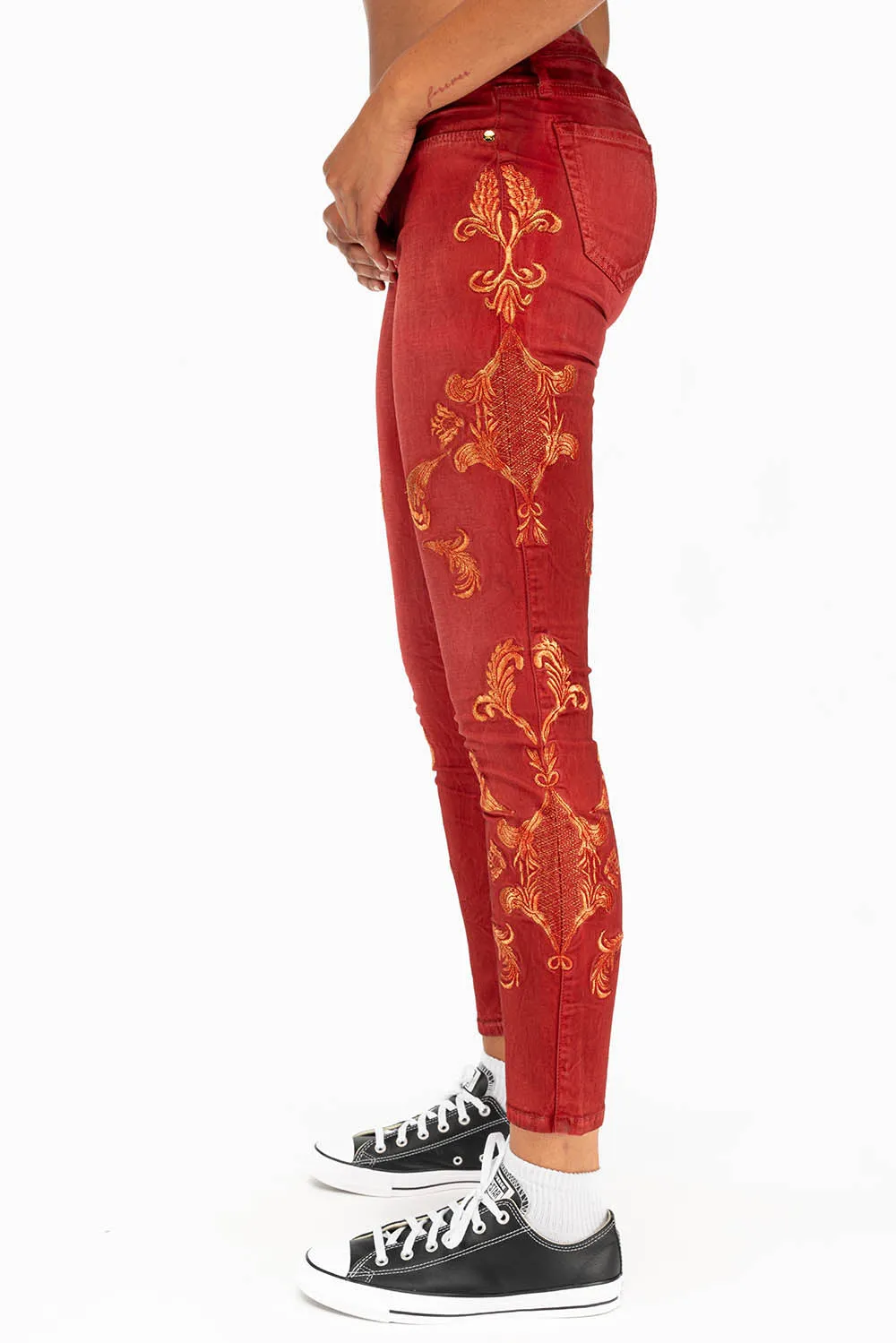 MID RISE WOMENS JEANS WITH GOLD EMBROIDERY IN RED sold by Robin's Jean product image thumbnail 2
