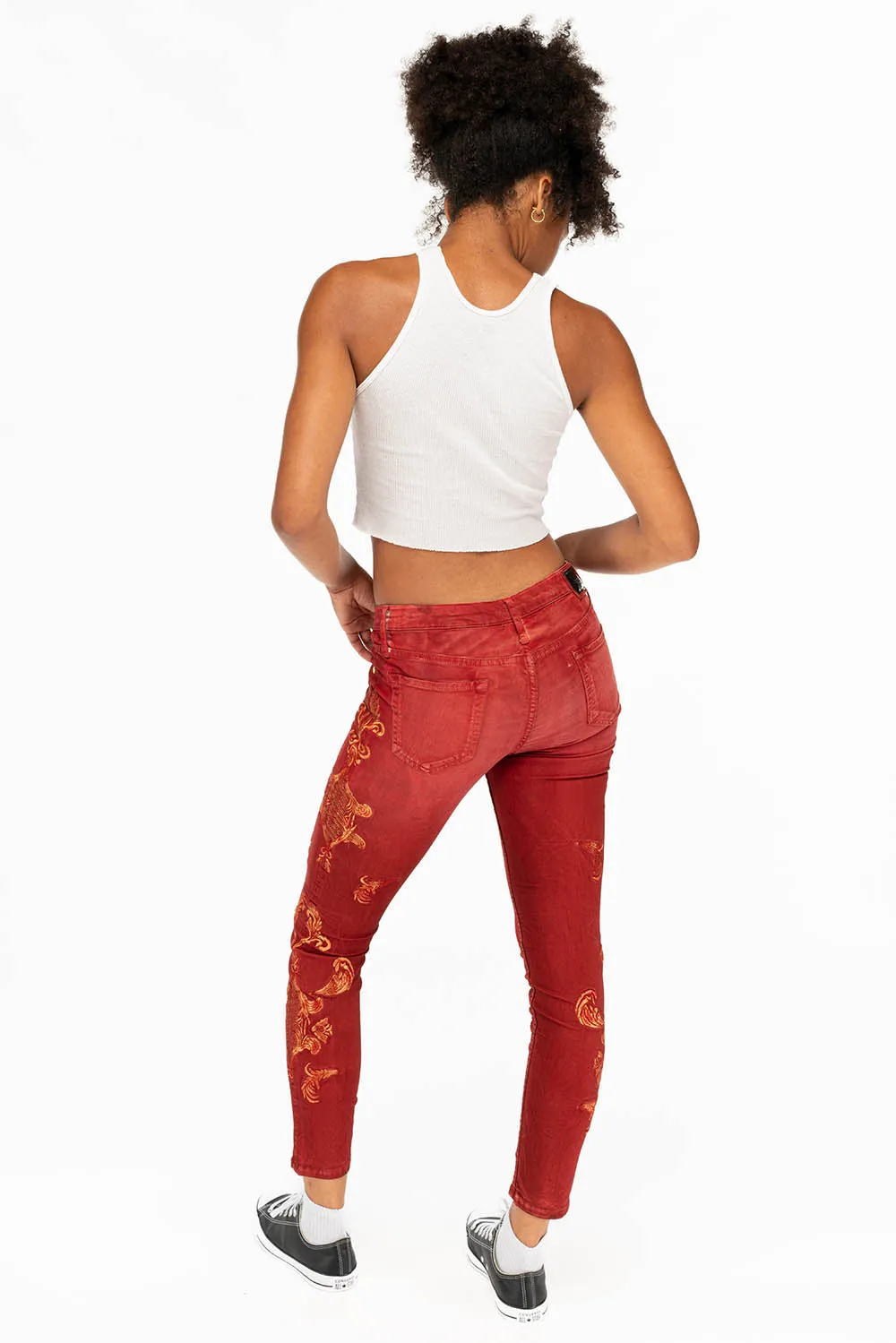 MID RISE WOMENS JEANS WITH GOLD EMBROIDERY IN RED sold by Robin's Jean product image thumbnail 4