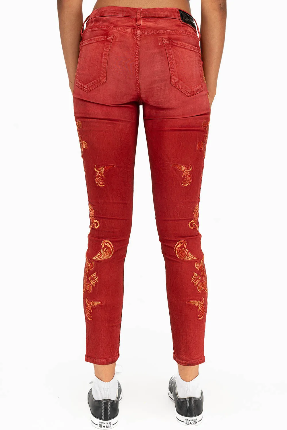 MID RISE WOMENS JEANS WITH GOLD EMBROIDERY IN RED sold by Robin's Jean product image thumbnail 3