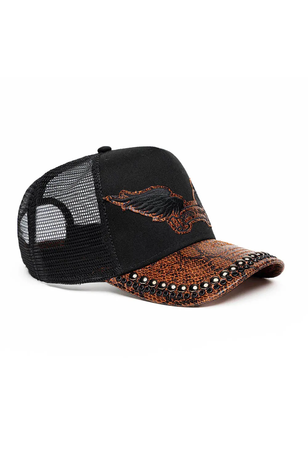 BLK/BROWN PYTHON TRUCKER HAT WITH JET BLK CRYSTAL/GUNMETAL NAILHEADS EMBELLISHMENT sold by Robin's Jean product image thumbnail 2