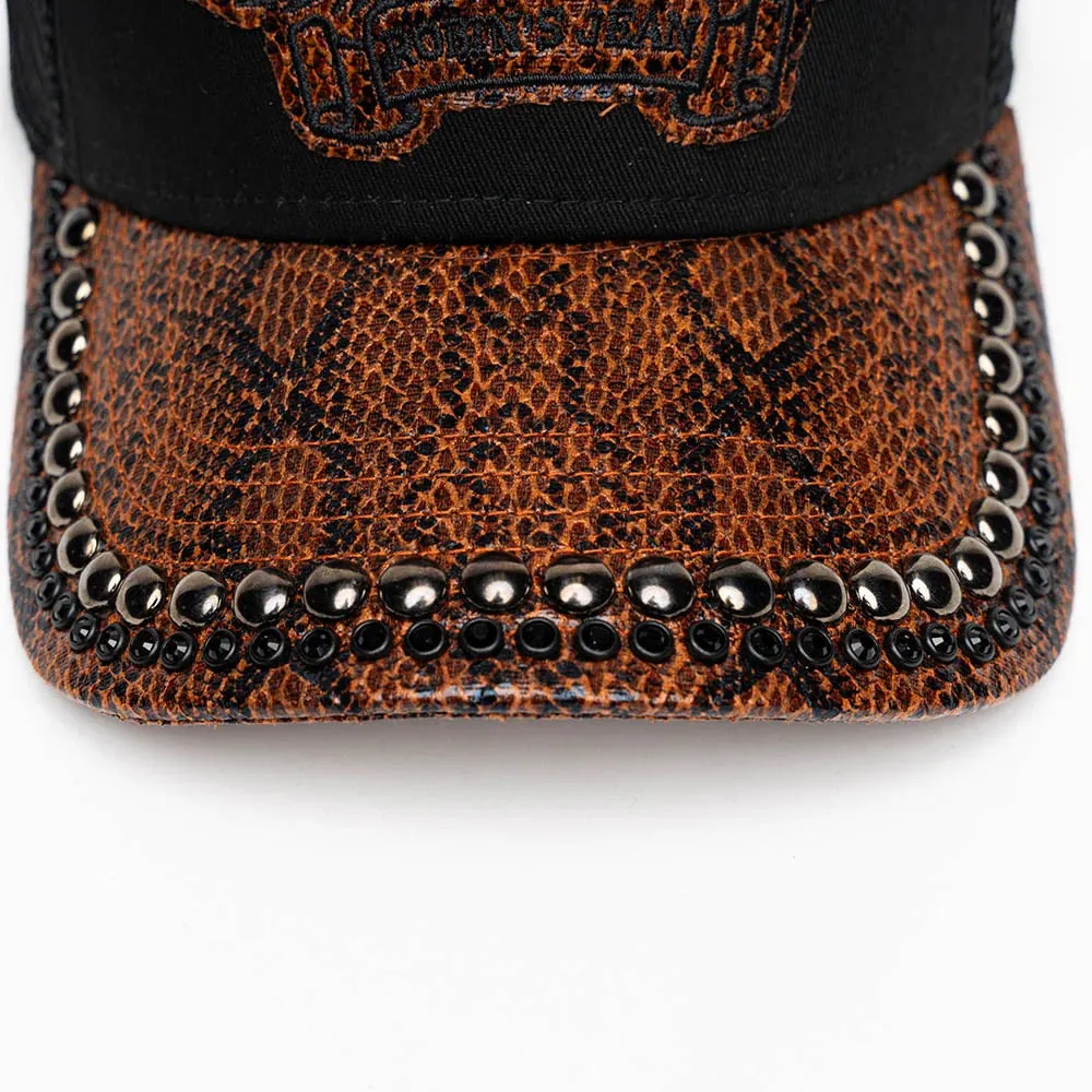 BLK/BROWN PYTHON TRUCKER HAT WITH JET BLK CRYSTAL/GUNMETAL NAILHEADS EMBELLISHMENT sold by Robin's Jean product image thumbnail 3