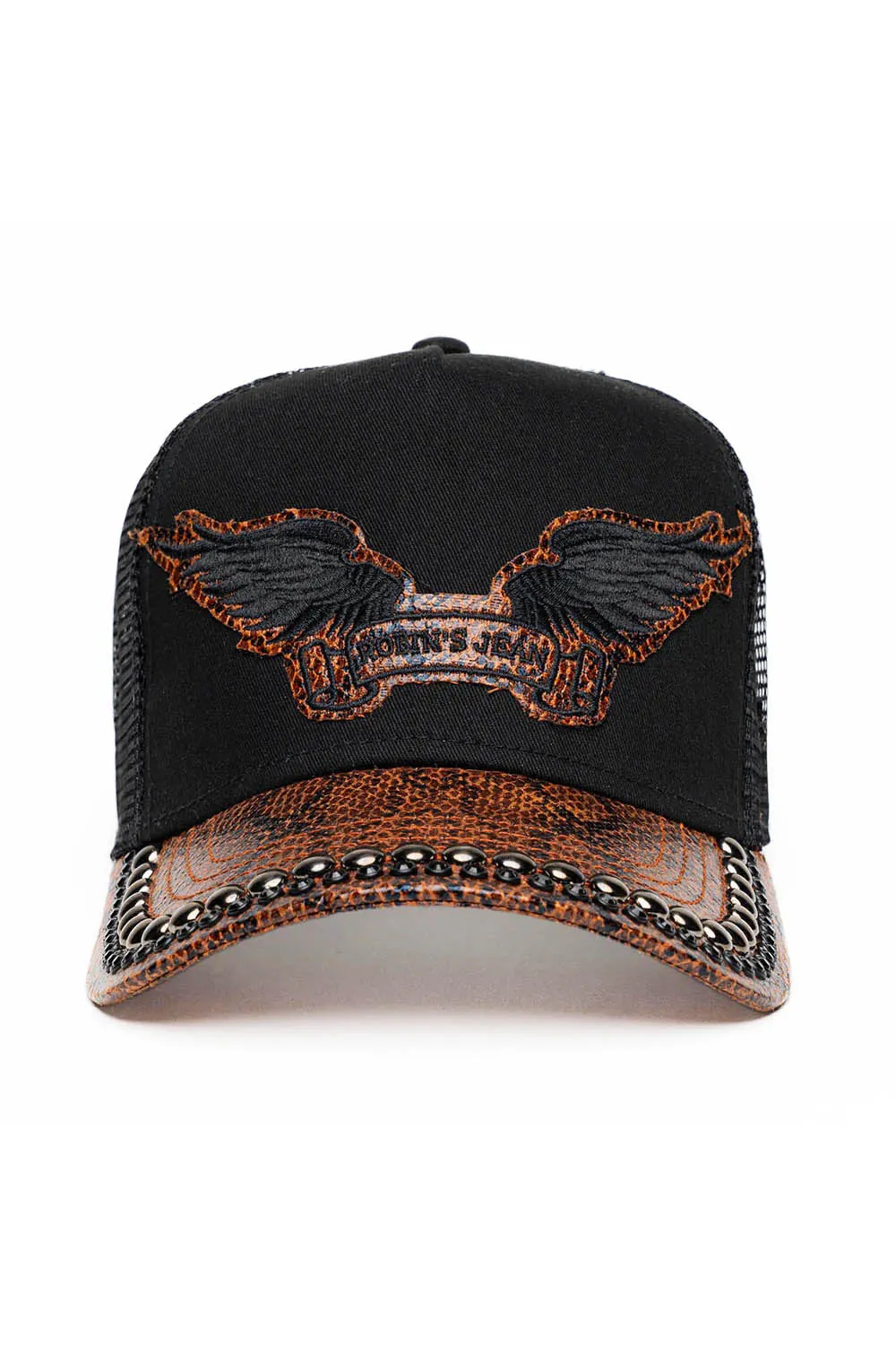 BLK/BROWN PYTHON TRUCKER HAT WITH JET BLK CRYSTAL/GUNMETAL NAILHEADS EMBELLISHMENT sold by Robin's Jean