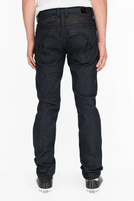 MENS RAW DENIM SLIM FIT KILLER FLAP JEANS WITH WINGS AND CRYSTALS sold by Robin's Jean