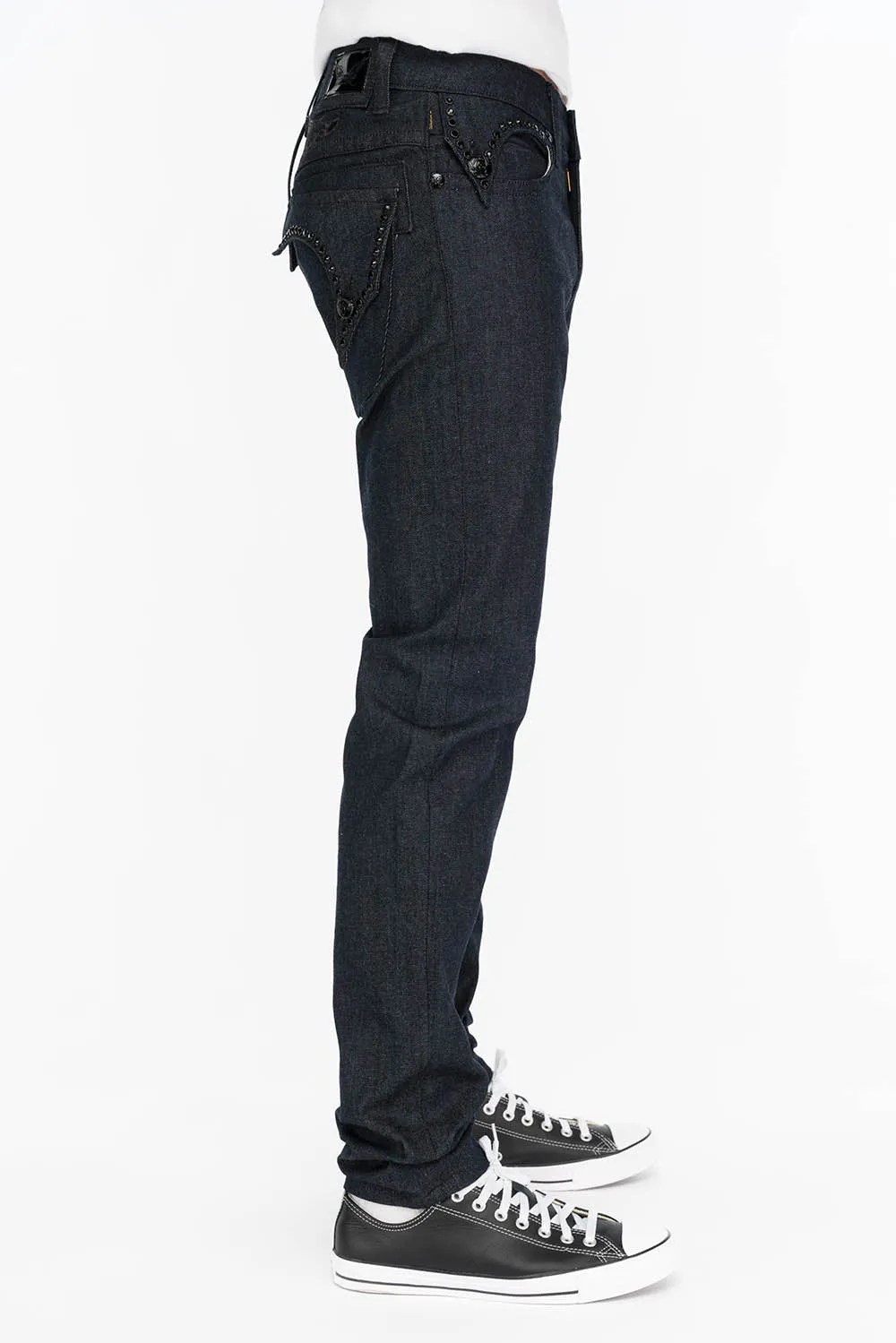 MENS RAW DENIM SLIM FIT KILLER FLAP JEANS WITH WINGS AND CRYSTALS sold by Robin's Jean product image thumbnail 3