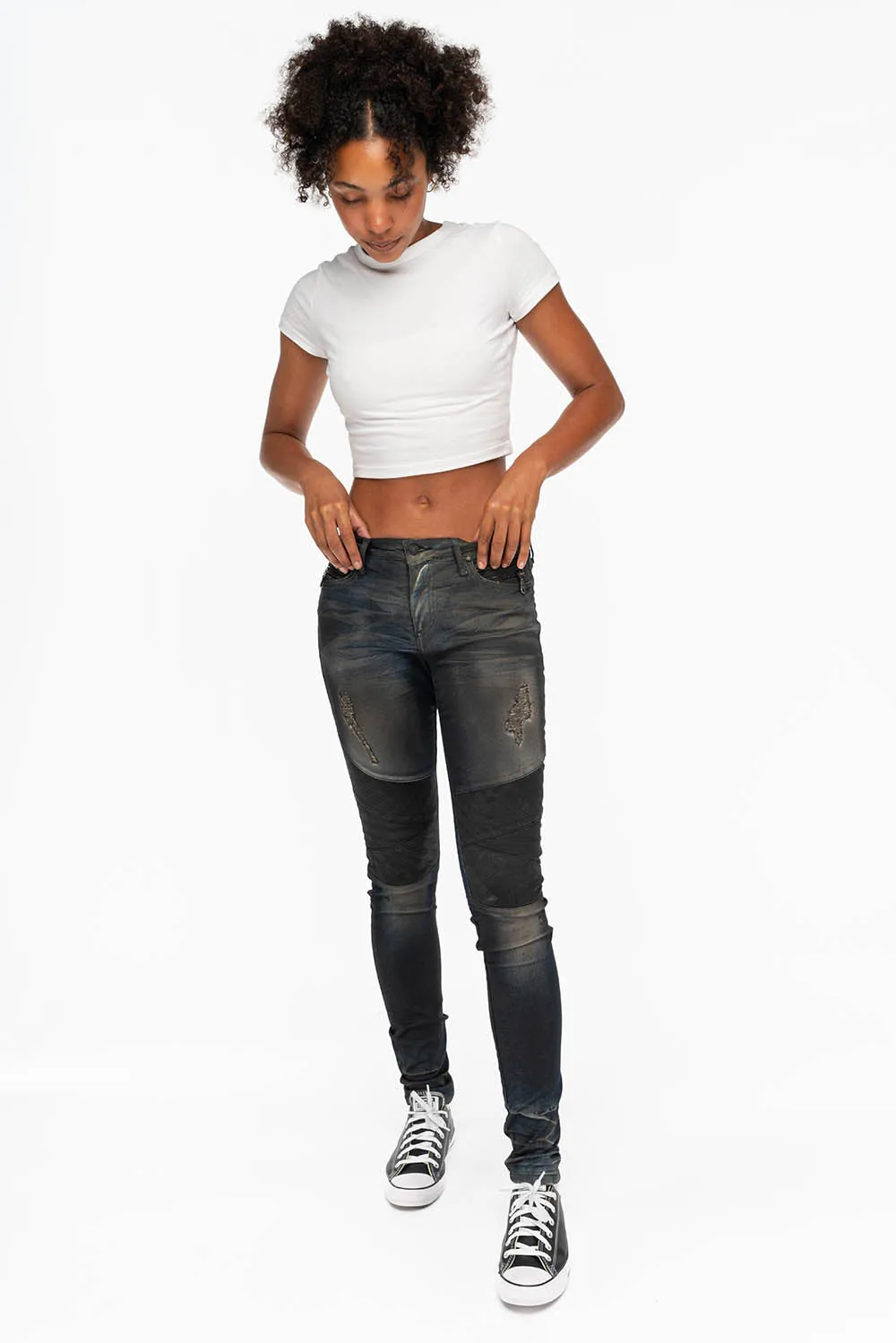 ROBIN'S WOMENS SKINNY MOTO JEANS IN TAR BROKEN sold by Robin's Jean product image thumbnail 5