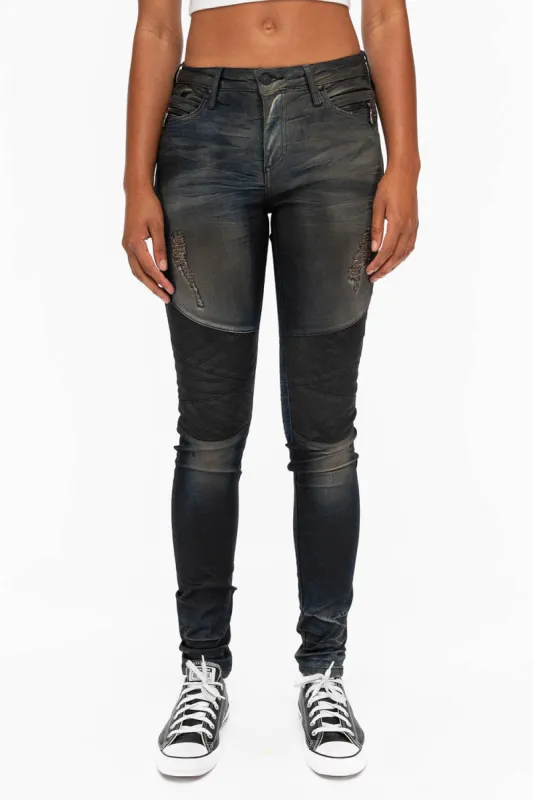ROBIN'S WOMENS SKINNY MOTO JEANS IN TAR BROKEN sold by Robin's Jean