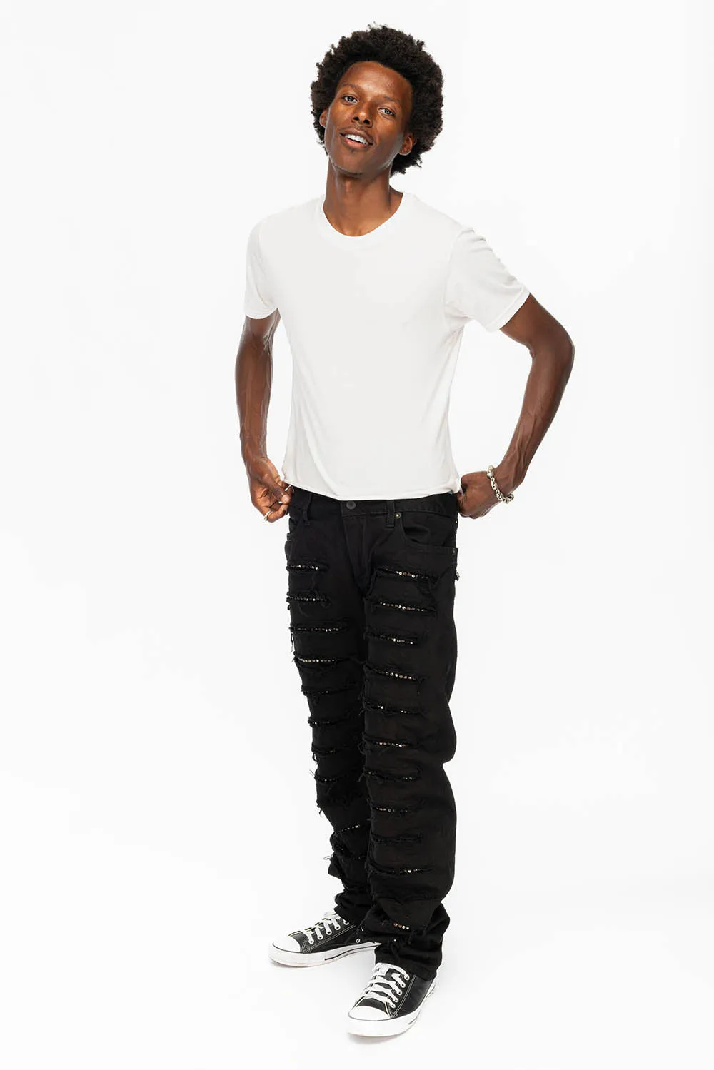 ROBIN'S VINTAGE EDITION JEANS WITH CRYSTALS IN DESTROY PURE BLACK sold by Robin's Jean product image thumbnail 4