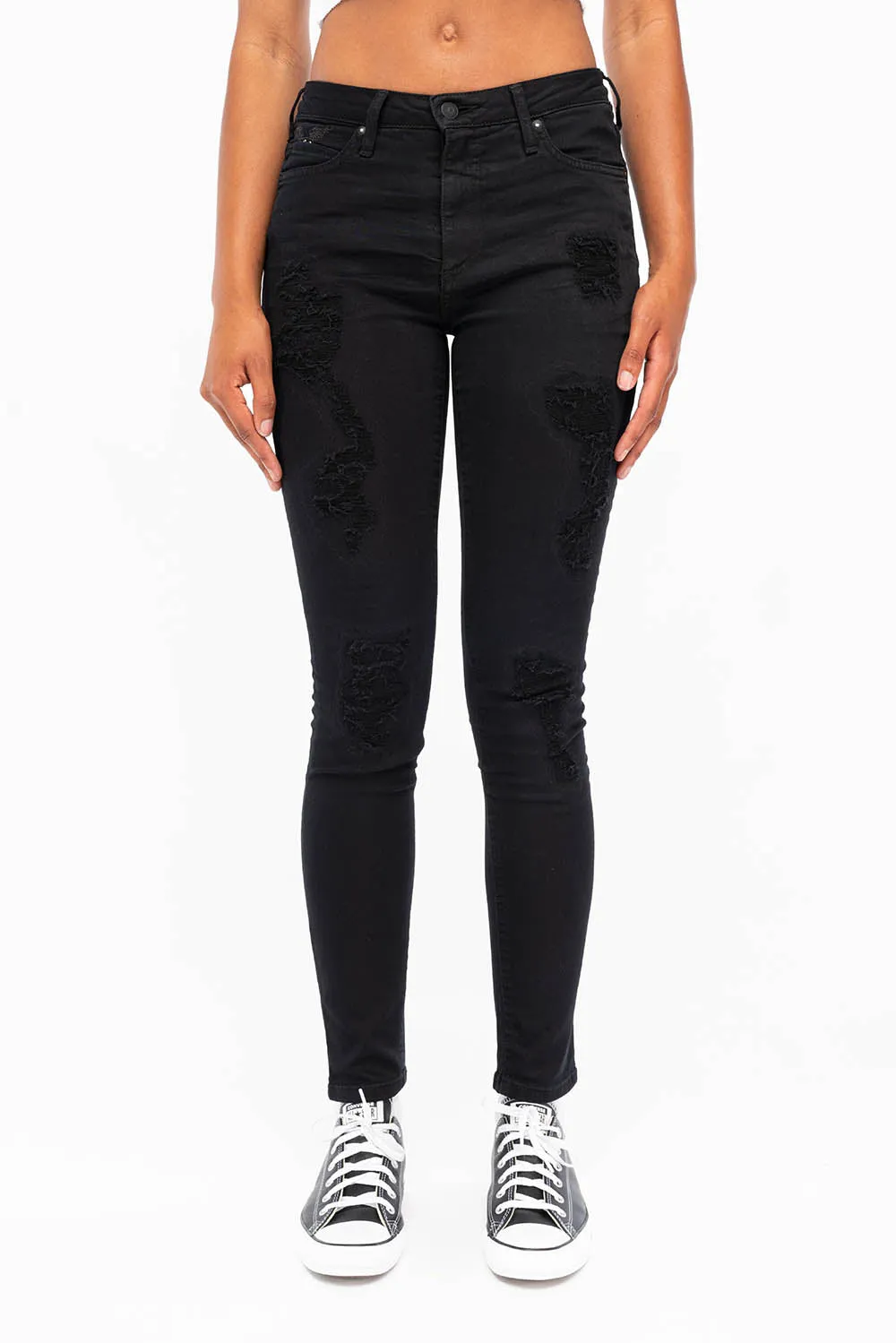 MIDRISE WOMENS SKINNY JEANS IN OVERDYE BLACK sold by Robin's Jean