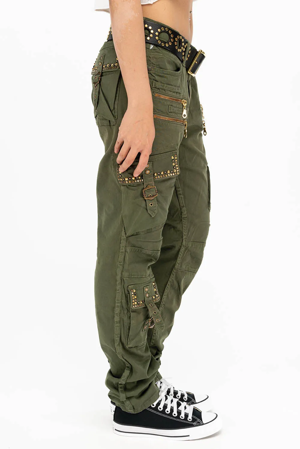 RAPTOR MILITARY STYLE WOMENS CARGO PANTS IN GREEN ARMY WITH STUDS AND CRYSTALS sold by Robin's Jean product image thumbnail 2
