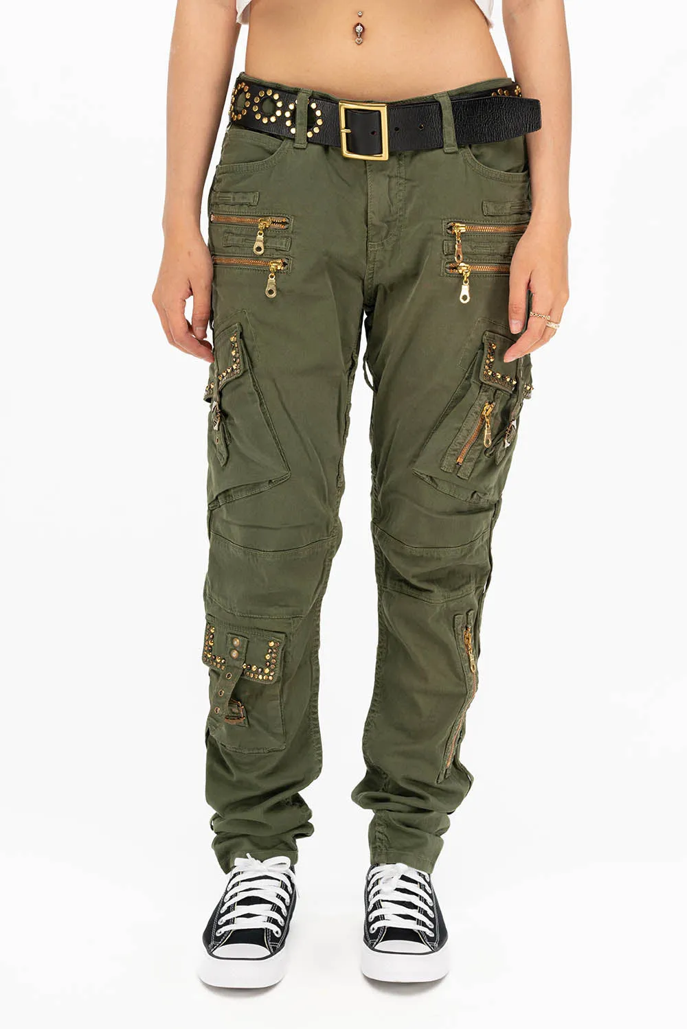 RAPTOR MILITARY STYLE WOMENS CARGO PANTS IN GREEN ARMY WITH STUDS AND CRYSTALS sold by Robin's Jean
