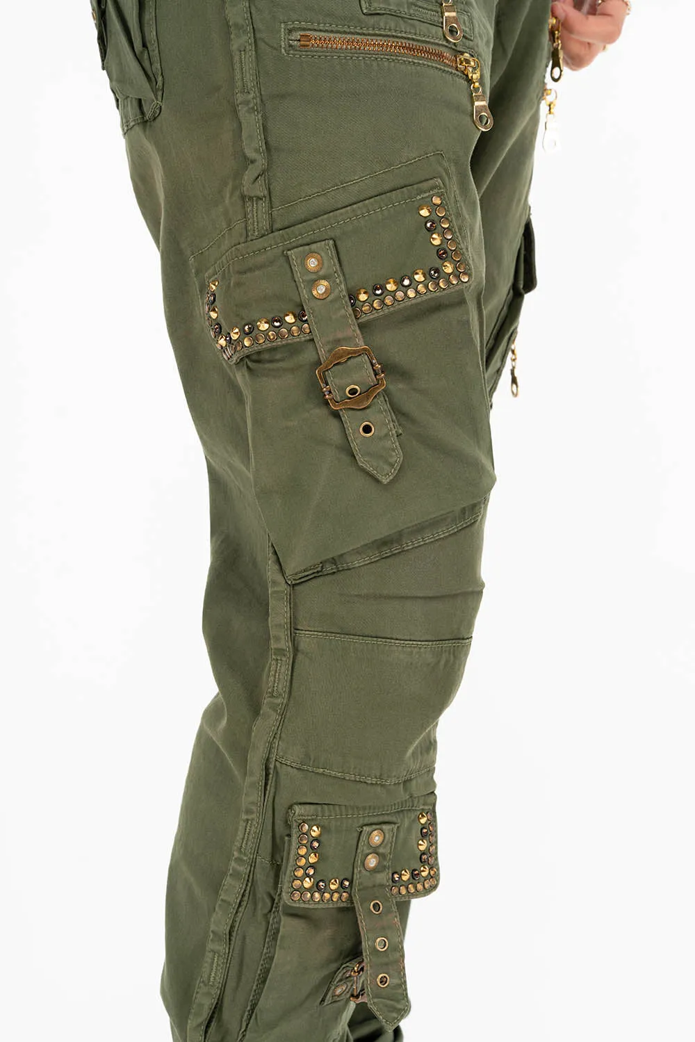 RAPTOR MILITARY STYLE WOMENS CARGO PANTS IN GREEN ARMY WITH STUDS AND CRYSTALS sold by Robin's Jean product image thumbnail 4