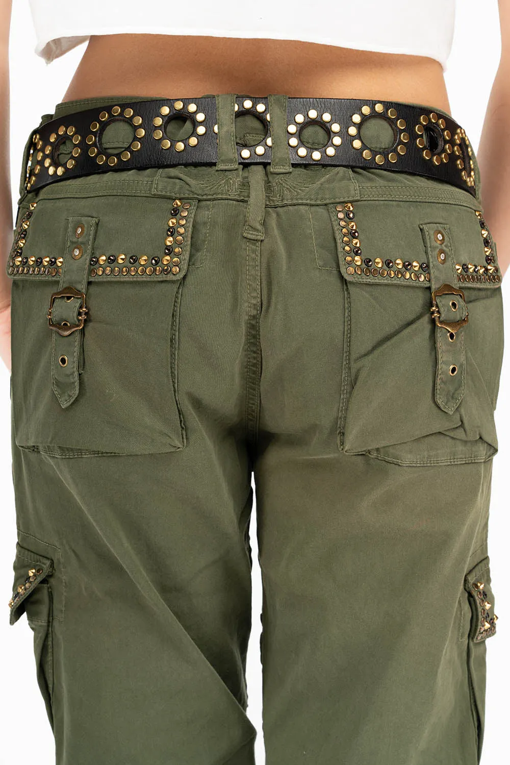 RAPTOR MILITARY STYLE WOMENS CARGO PANTS IN GREEN ARMY WITH STUDS AND CRYSTALS sold by Robin's Jean product image thumbnail 5