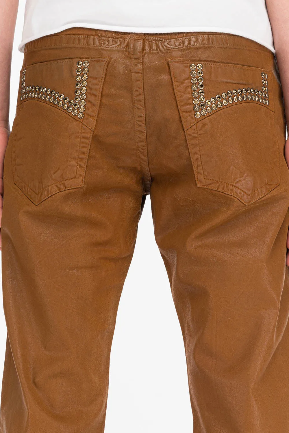 CLASSIC 5 POCKET STRAIGHT LEG JEANS IN CUIR CARAMEL WITH STUDS AND CRYSTALS sold by Robin's Jean product image thumbnail 2