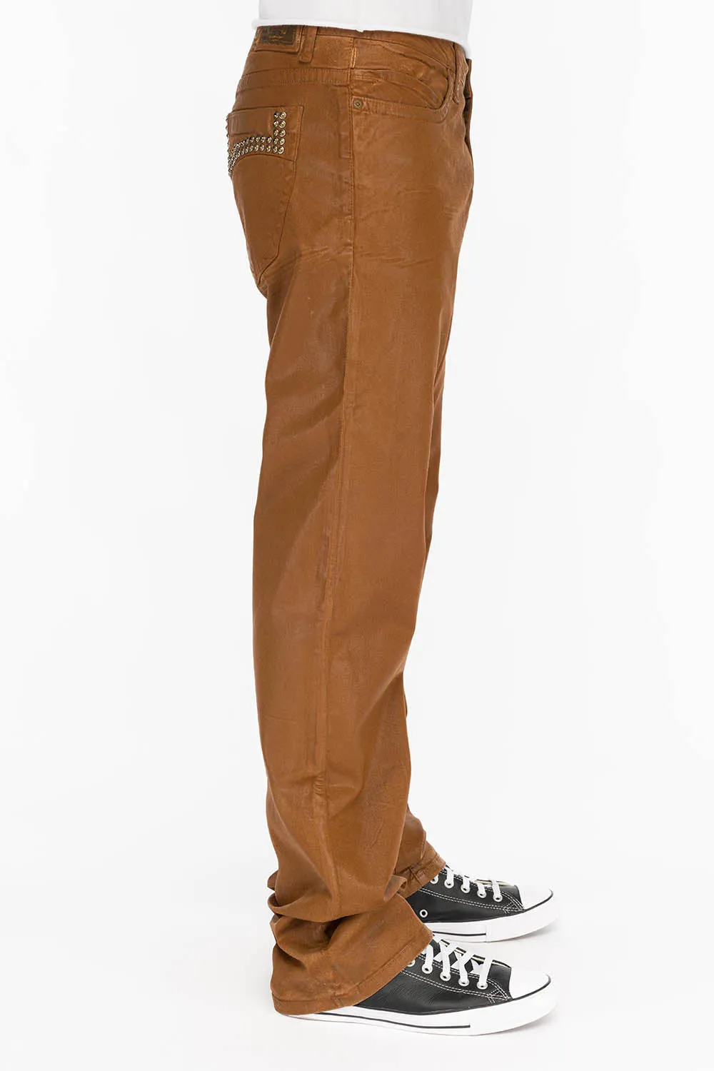 CLASSIC 5 POCKET STRAIGHT LEG JEANS IN CUIR CARAMEL WITH STUDS AND CRYSTALS sold by Robin's Jean product image thumbnail 3