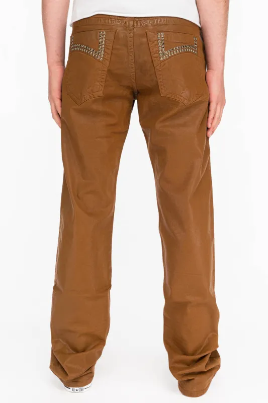 CLASSIC 5 POCKET STRAIGHT LEG JEANS IN CUIR CARAMEL WITH STUDS AND CRYSTALS sold by Robin's Jean