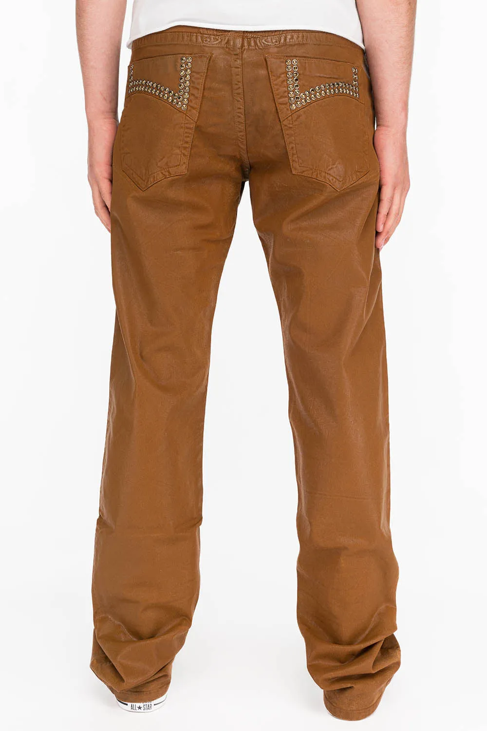 CLASSIC 5 POCKET STRAIGHT LEG JEANS IN CUIR CARAMEL WITH STUDS AND CRYSTALS sold by Robin's Jean