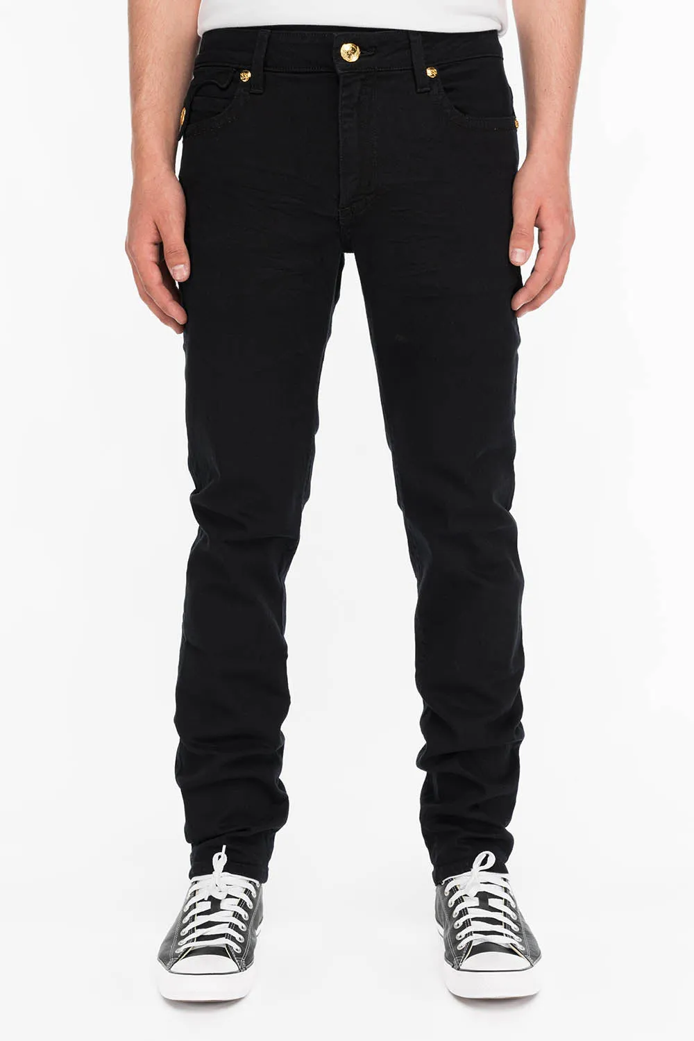 KILLER FLAP MENS SKINNY JEANS IN BLACK WITH GOLD WINGS sold by Robin's Jean