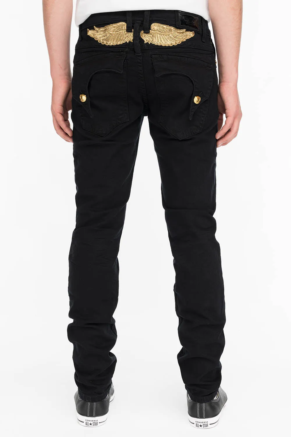 KILLER FLAP MENS SKINNY JEANS IN BLACK WITH GOLD WINGS sold by Robin's Jean product image thumbnail 3