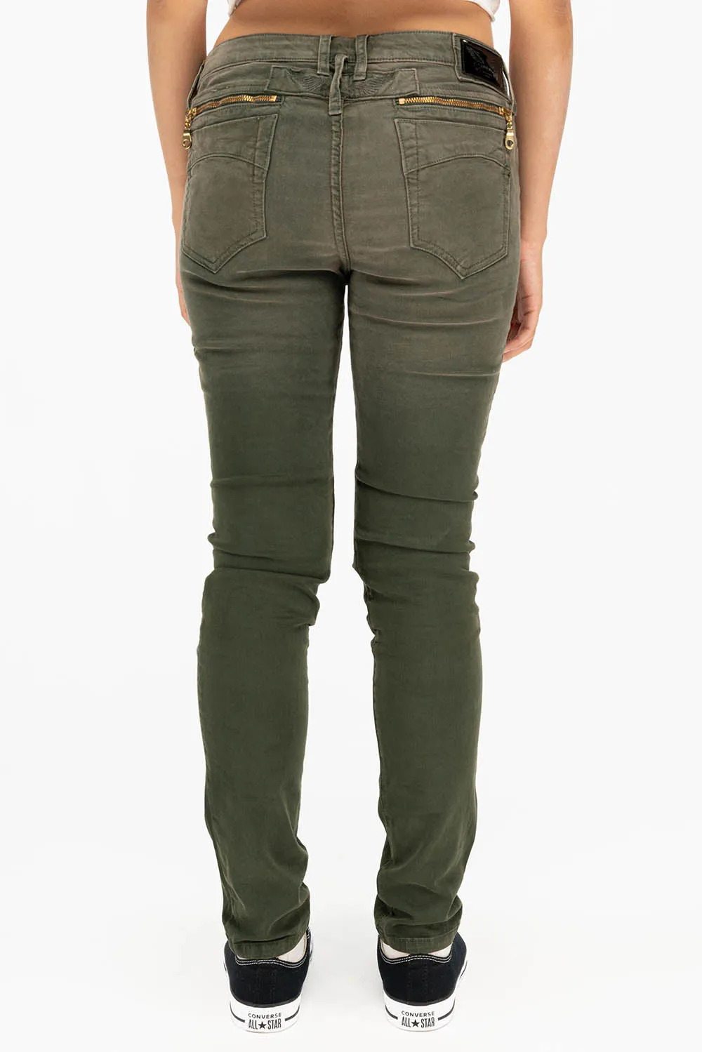 ROBIN'S WOMEN'S SKINNY UTILITARIAN JEANS IN SULFUR GREEN ARMY WITH STUDS AND CRYSTALS sold by Robin's Jean product image thumbnail 3