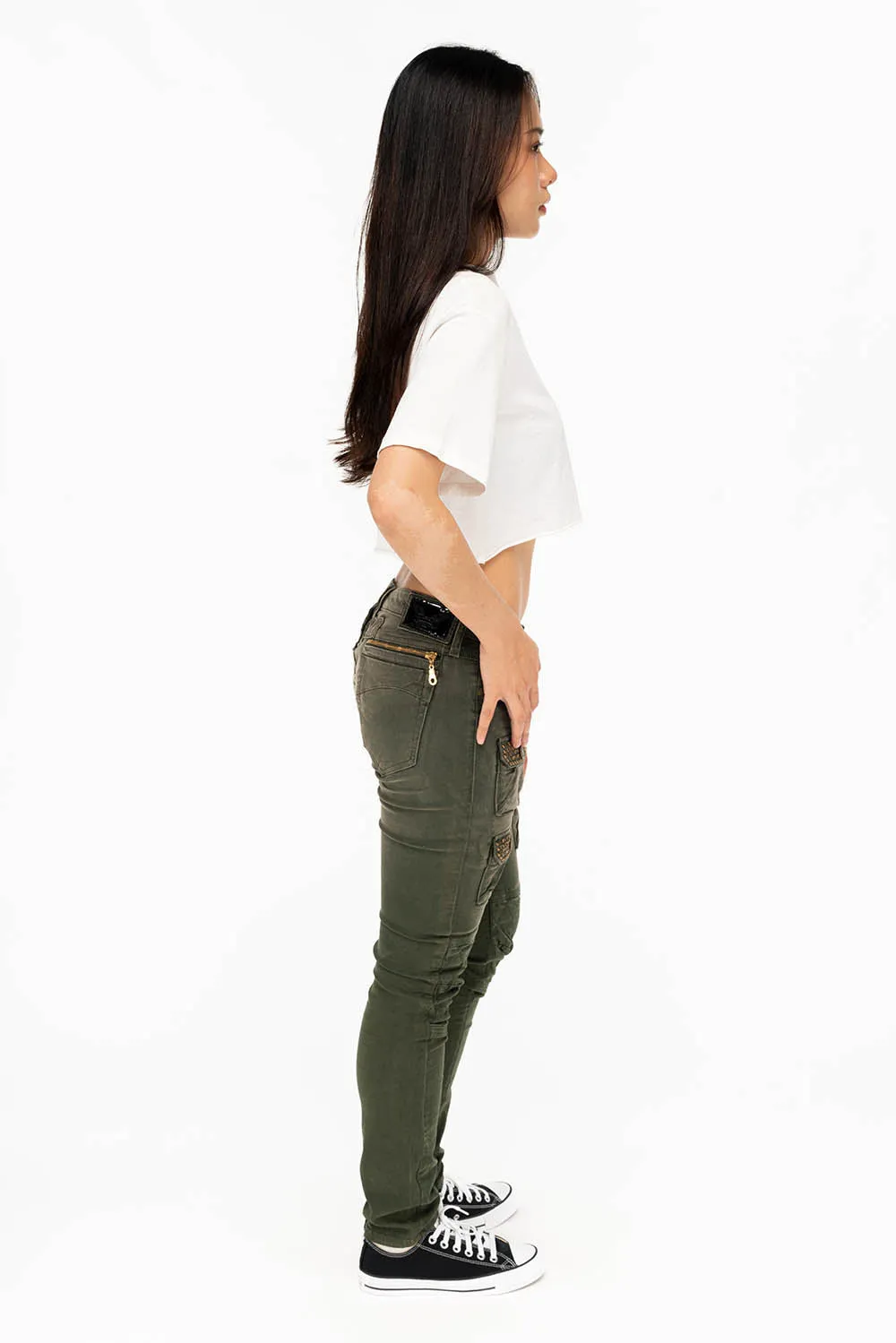 ROBIN'S WOMEN'S SKINNY UTILITARIAN JEANS IN SULFUR GREEN ARMY WITH STUDS AND CRYSTALS sold by Robin's Jean product image thumbnail 4