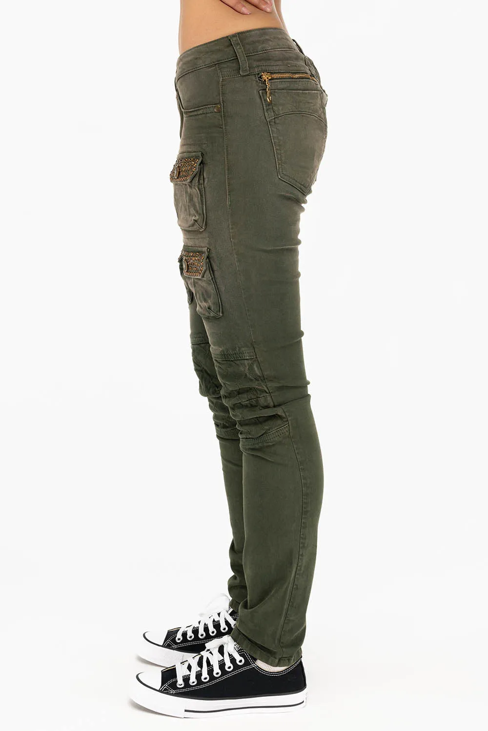 ROBIN'S WOMEN'S SKINNY UTILITARIAN JEANS IN SULFUR GREEN ARMY WITH STUDS AND CRYSTALS sold by Robin's Jean product image thumbnail 2
