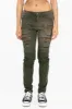 ROBIN'S  WOMEN'S SKINNY UTILITARIAN JEANS IN SULFUR GREEN ARMY WITH STUDS AND CRYSTALS sold by Robin's Jean