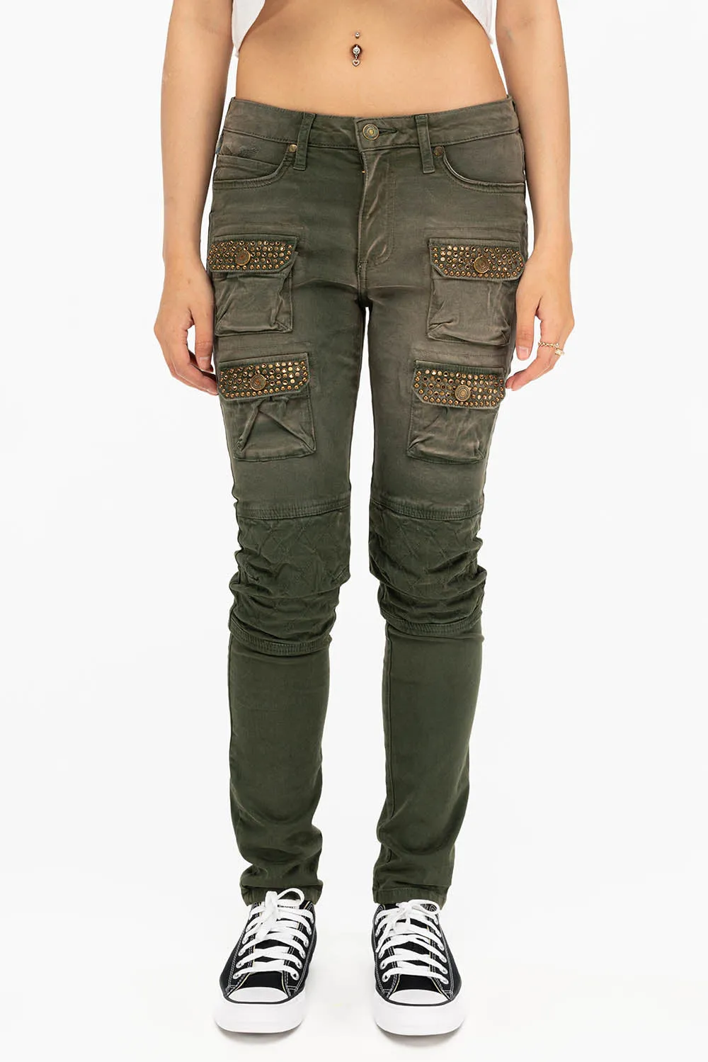 ROBIN'S WOMEN'S SKINNY UTILITARIAN JEANS IN SULFUR GREEN ARMY WITH STUDS AND CRYSTALS sold by Robin's Jean