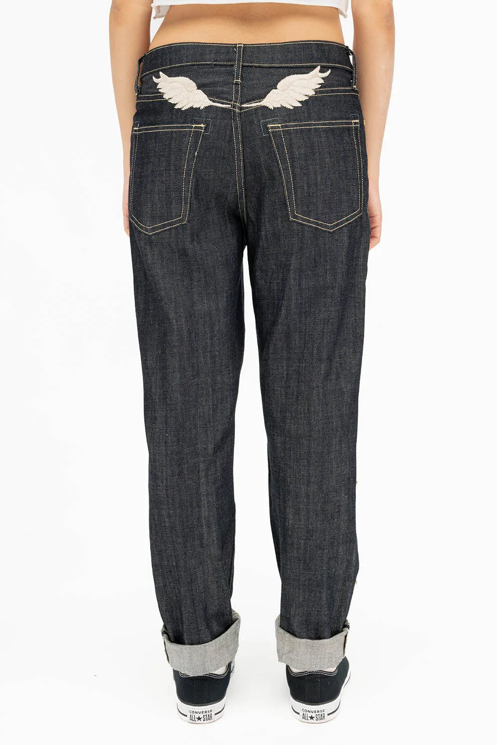 WOMENS BOYFRIEND STYLE JEANS WITH BLACK DIAMOND CRYSTALS IN RAW sold by Robin's Jean product image thumbnail 3