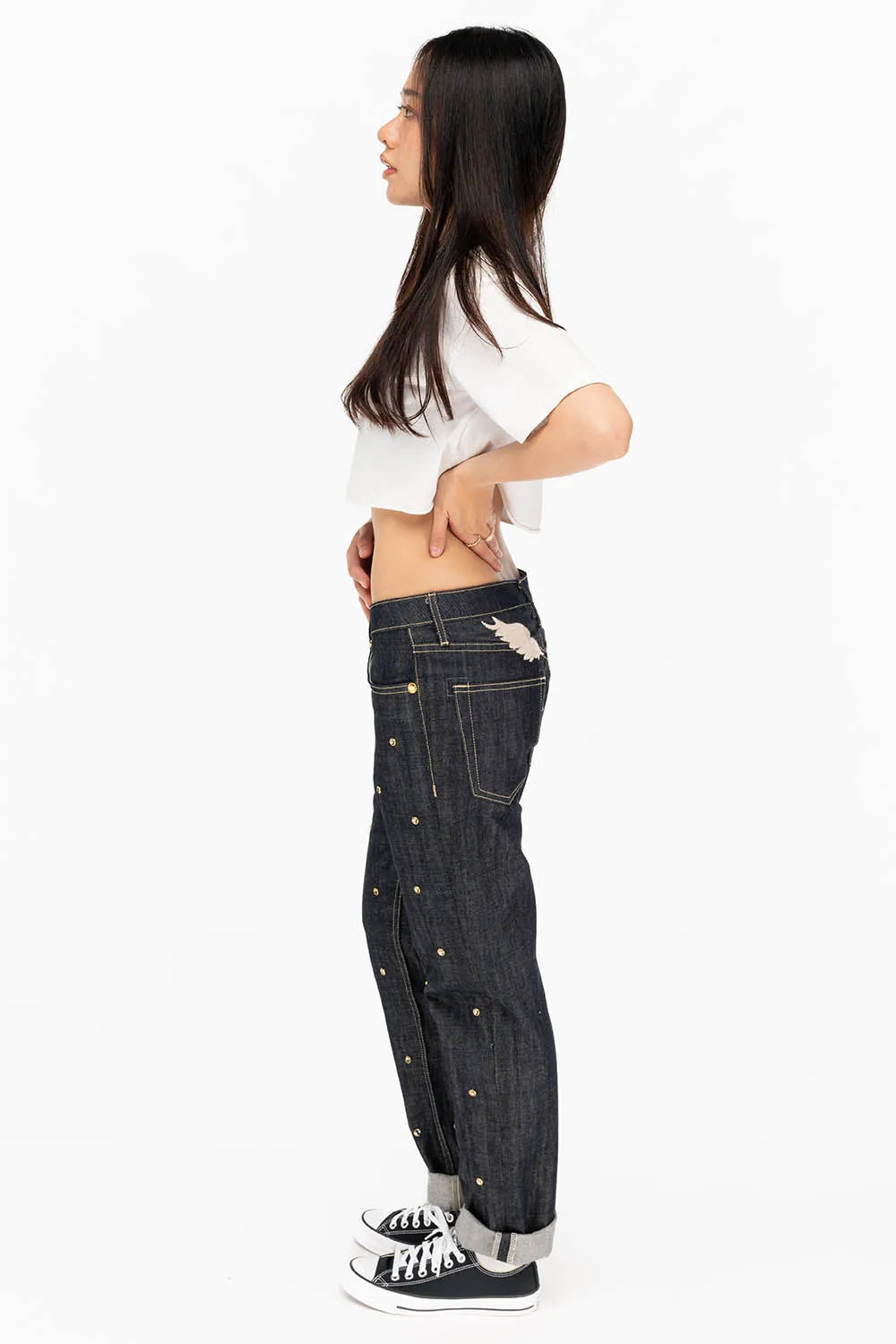 WOMENS BOYFRIEND STYLE JEANS WITH BLACK DIAMOND CRYSTALS IN RAW sold by Robin's Jean product image thumbnail 5