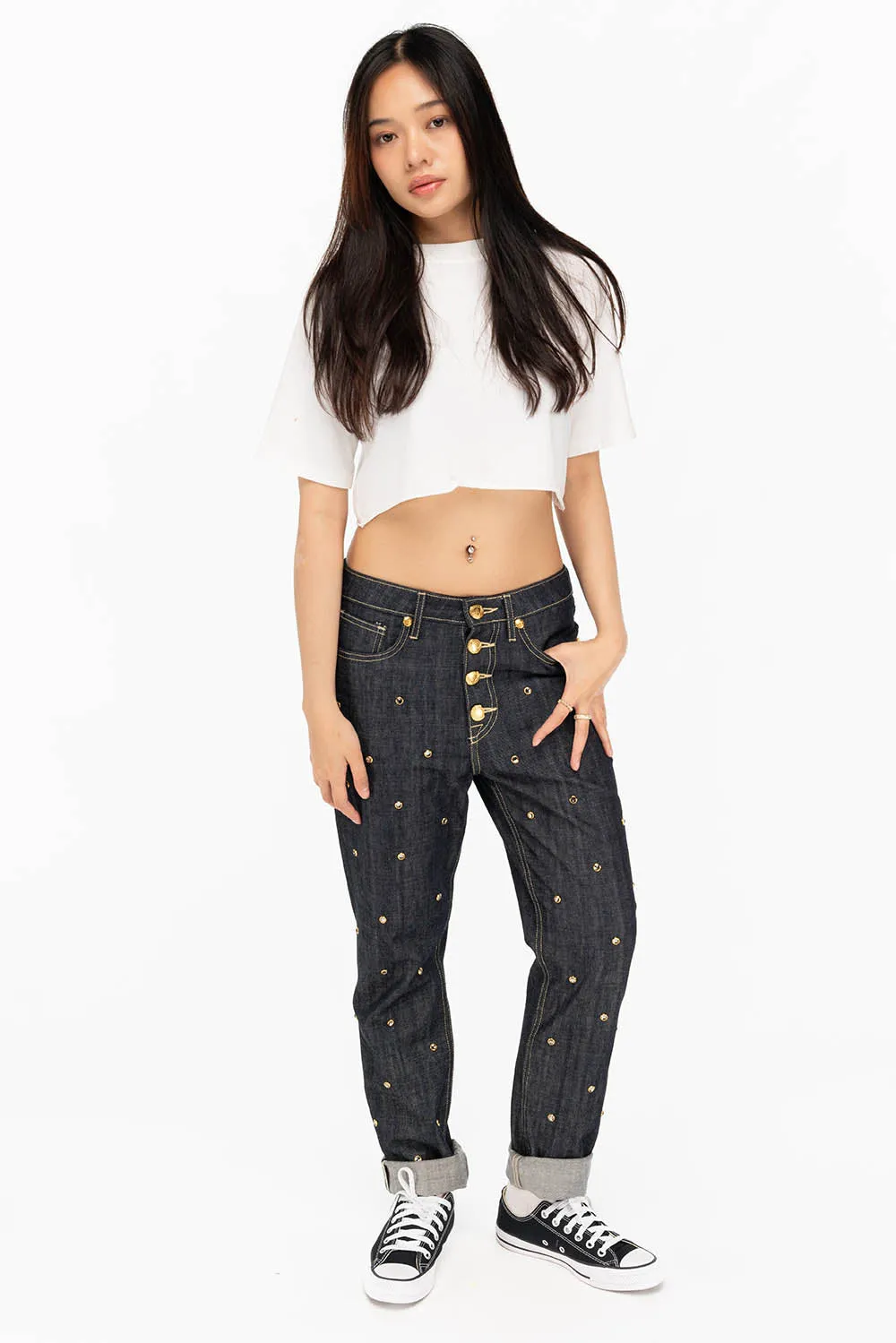 WOMENS BOYFRIEND STYLE JEANS WITH BLACK DIAMOND CRYSTALS IN RAW sold by Robin's Jean product image thumbnail 4