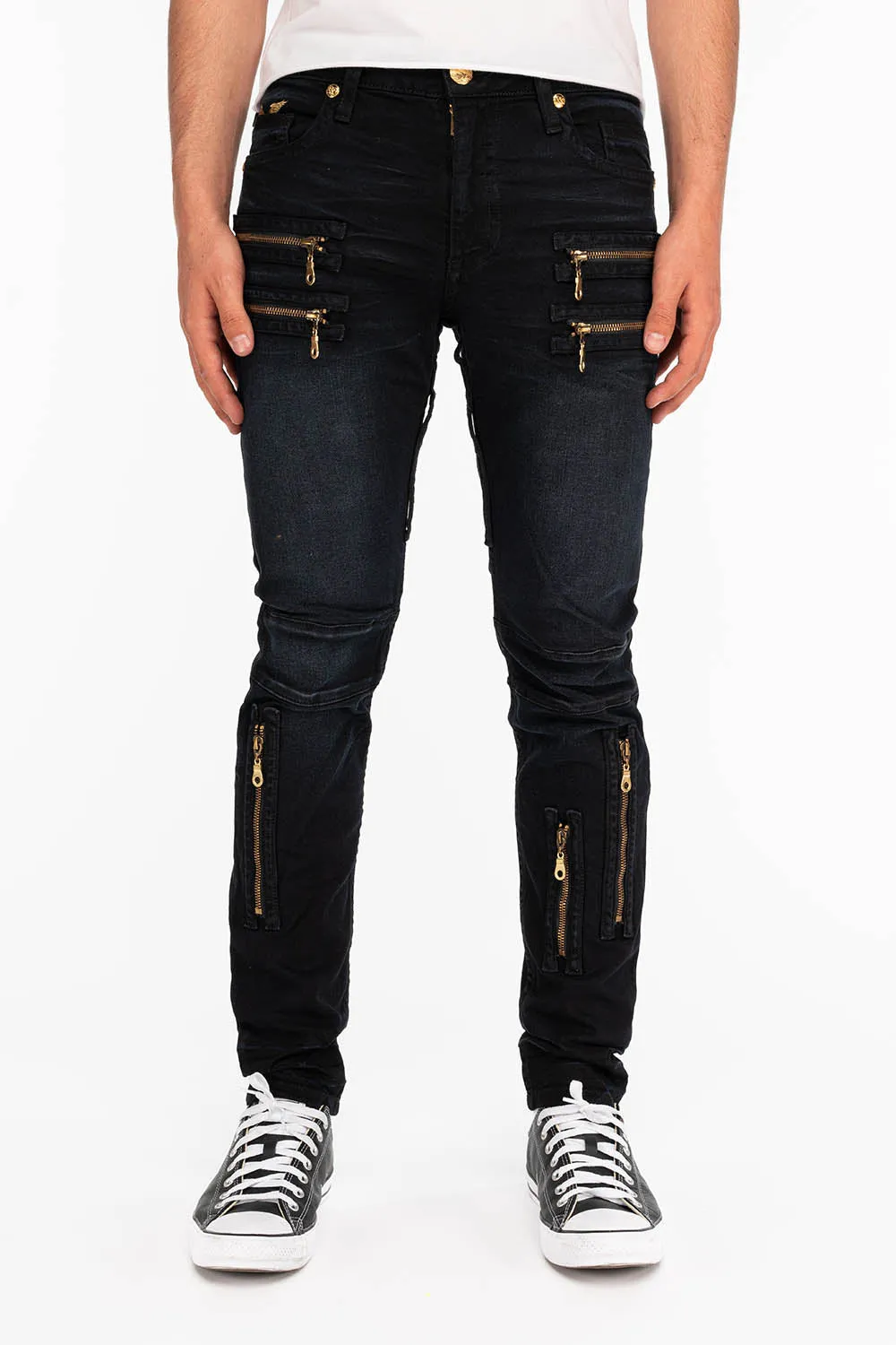 NEW BIKER IN F_UP BLACK WITH GOLD EMBROIDERED O.E SCRIPT sold by Robin's Jean