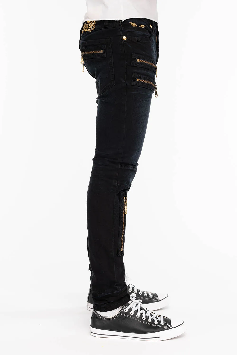 NEW BIKER IN F_UP BLACK WITH GOLD EMBROIDERED O.E SCRIPT sold by Robin's Jean product image thumbnail 3