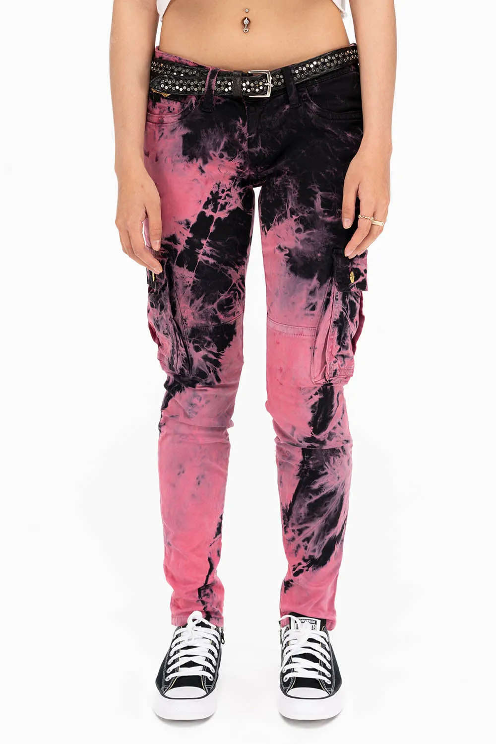 ZIPPER-MILITARY STYLE WOMENS CARGO PANTS IN TIE DYE PINK sold by Robin's Jean