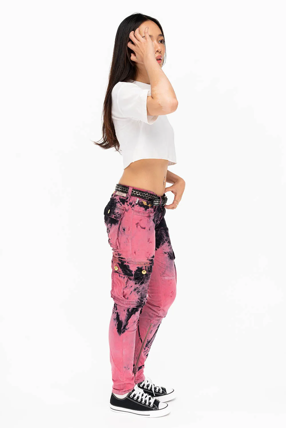 ZIPPER-MILITARY STYLE WOMENS CARGO PANTS IN TIE DYE PINK sold by Robin's Jean product image thumbnail 4