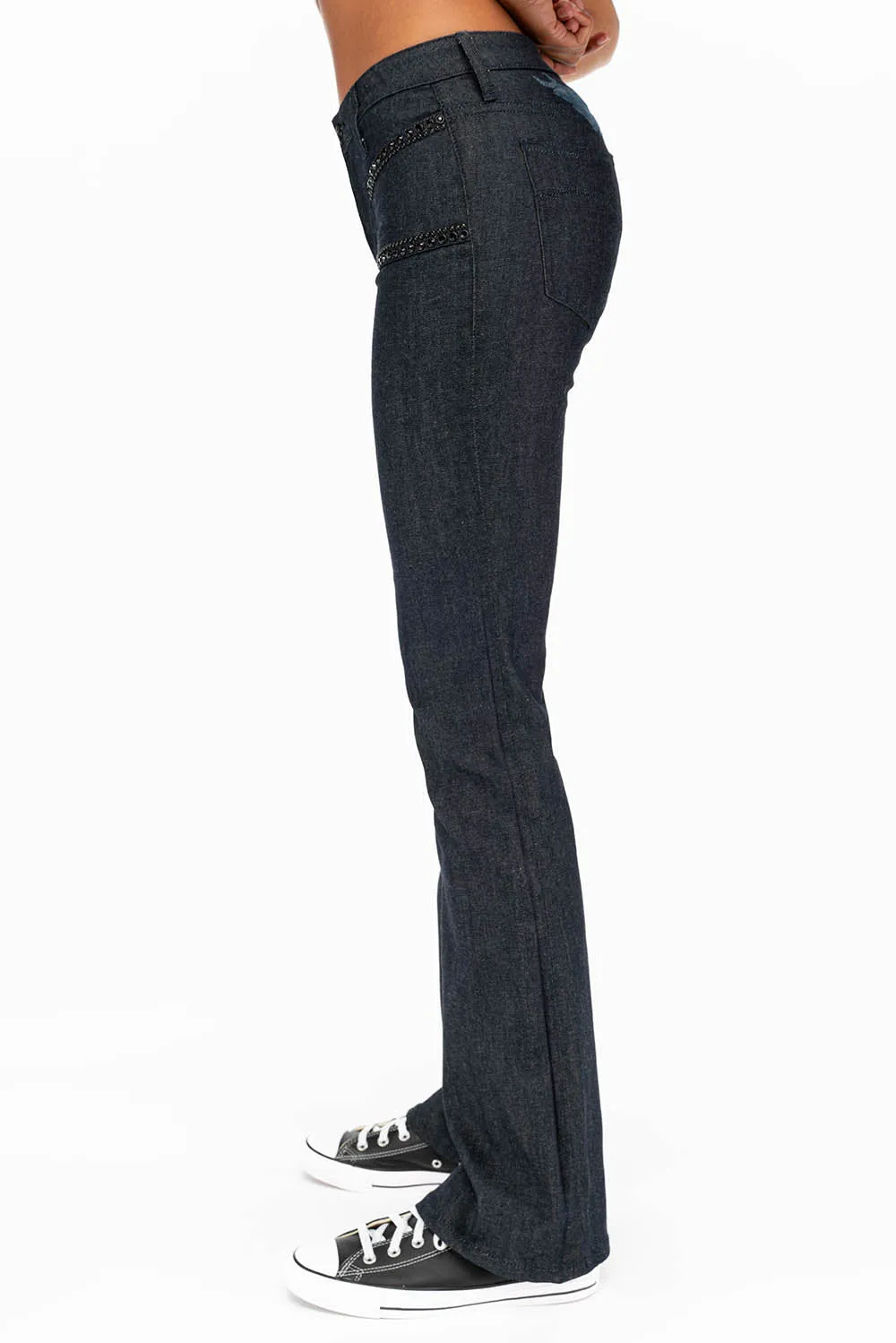 WOMENS SIDE SEAM FRONT POCKETS BOOT LEG JEANS WITH JET BLACK CRYSTALS IN RAW sold by Robin's Jean product image thumbnail 2