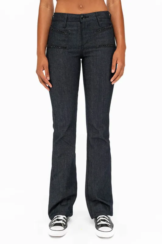 WOMENS SIDE SEAM FRONT POCKETS BOOT LEG JEANS WITH JET BLACK CRYSTALS IN RAW sold by Robin's Jean
