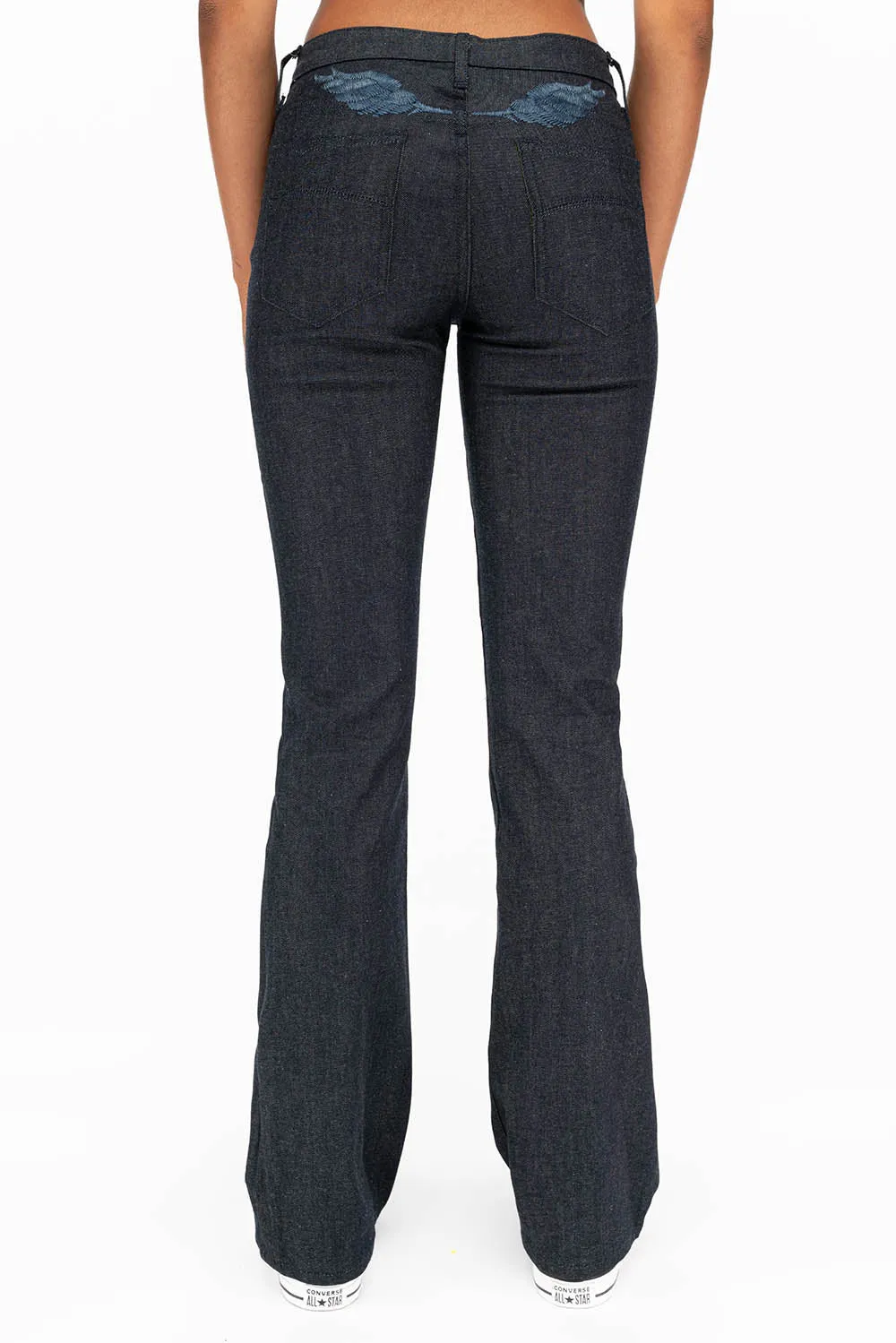 WOMENS SIDE SEAM FRONT POCKETS BOOT LEG JEANS WITH JET BLACK CRYSTALS IN RAW sold by Robin's Jean product image thumbnail 3