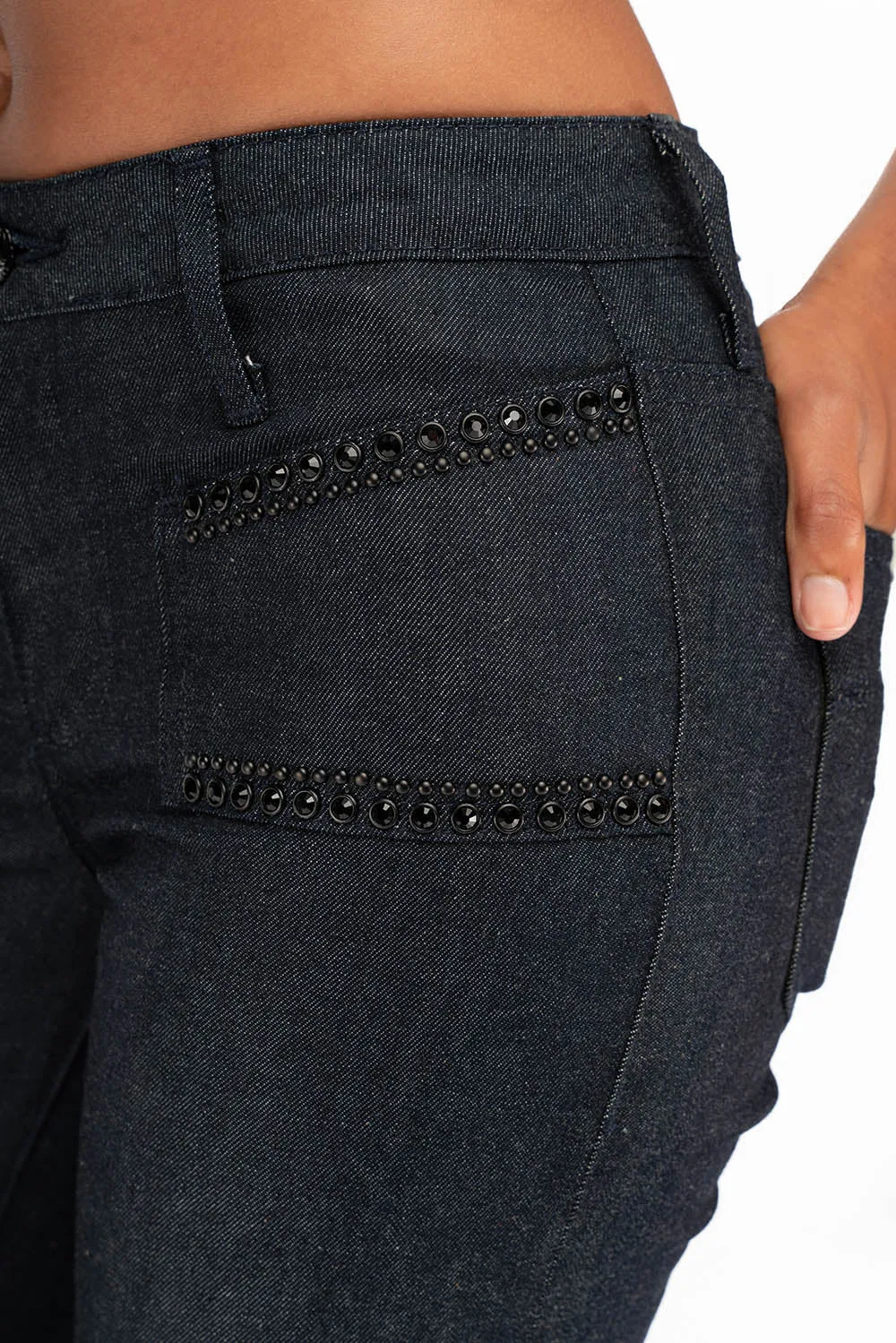 WOMENS SIDE SEAM FRONT POCKETS BOOT LEG JEANS WITH JET BLACK CRYSTALS IN RAW sold by Robin's Jean product image thumbnail 4