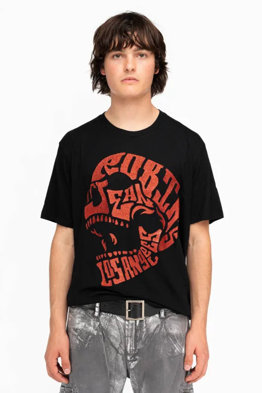 ROBINS RED GLITTER SKULL IN BLACK sold by Robin's Jean
