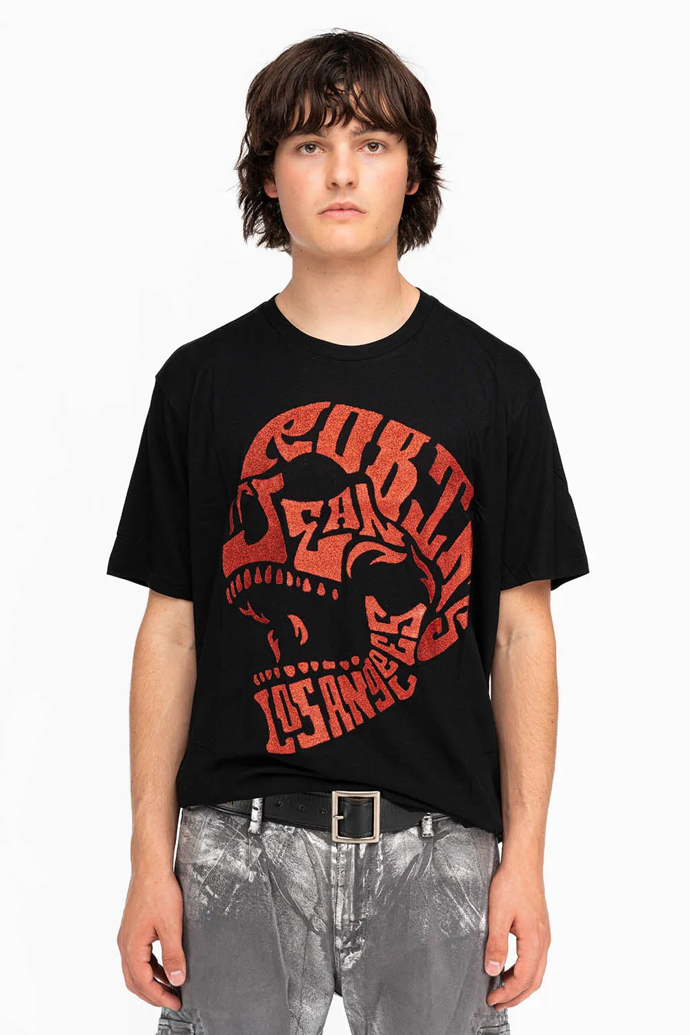 ROBINS RED GLITTER SKULL IN BLACK sold by Robin's Jean