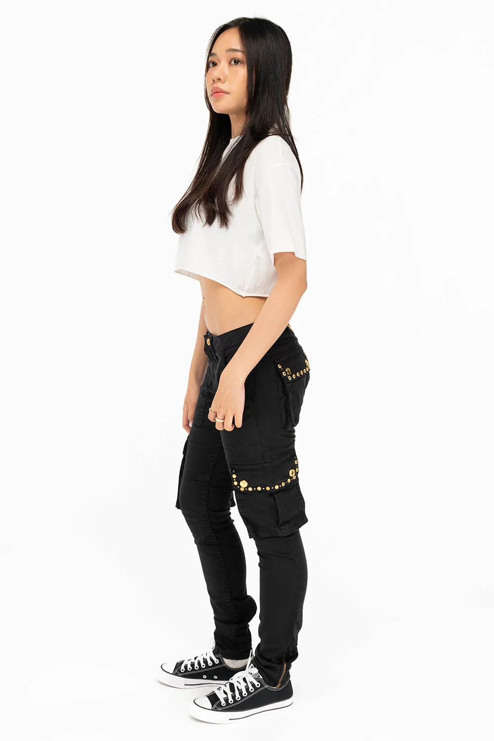 NEW MILITARY STYLE WOMENS SKINNY EMBELLISHED CARGO PANTS IN BLACK sold by Robin's Jean product image thumbnail 4