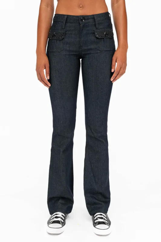 WOMENS MILITARY STYLE BOOT LEG JEANS WITH JET CRYSTALS IN RAW made by Robin's Jean