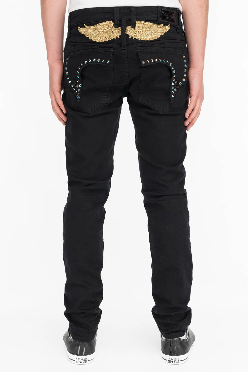 KILLER FLAP IN BLACK WITH GOLD WINGS AND LARGE AB CRYSTALS sold by Robin's Jean