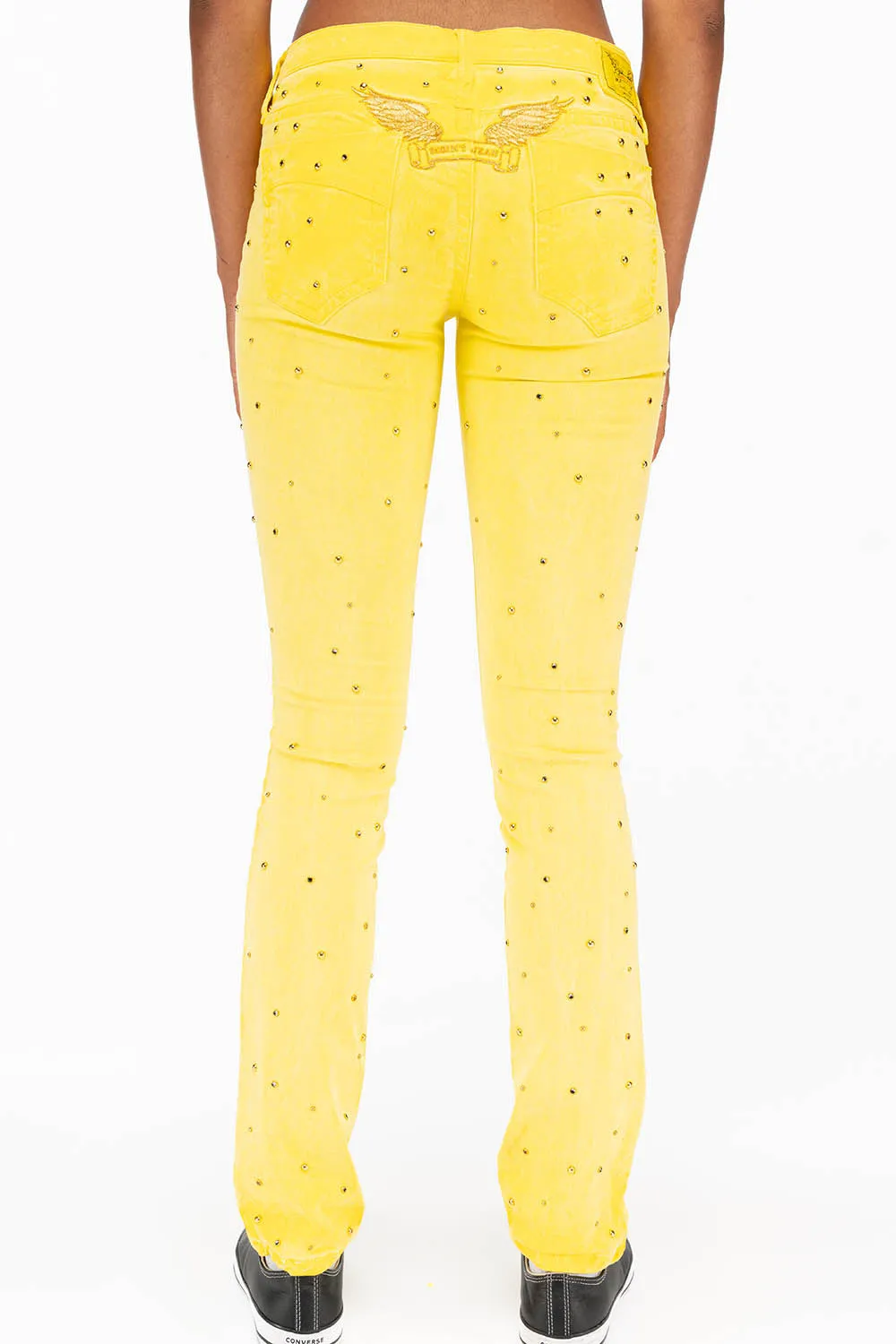 MARILYN LOW RISE WOMENS STUDDED STRAIIGHT LEG JEANS IN OIL YELLOW WITH TONAL WINGS AND CRYSTALS sold by Robin's Jean product image thumbnail 2