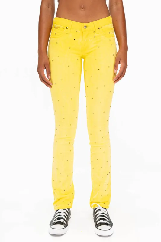 MARILYN LOW RISE WOMENS STUDDED STRAIIGHT LEG JEANS IN OIL YELLOW WITH TONAL WINGS AND CRYSTALS sold by Robin's Jean