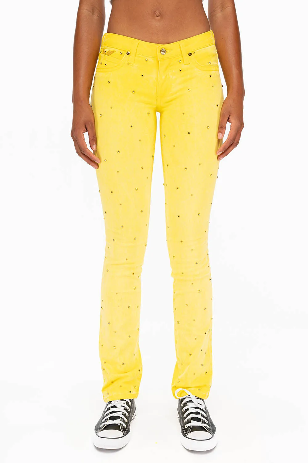 MARILYN LOW RISE WOMENS STUDDED STRAIIGHT LEG JEANS IN OIL YELLOW WITH TONAL WINGS AND CRYSTALS sold by Robin's Jean